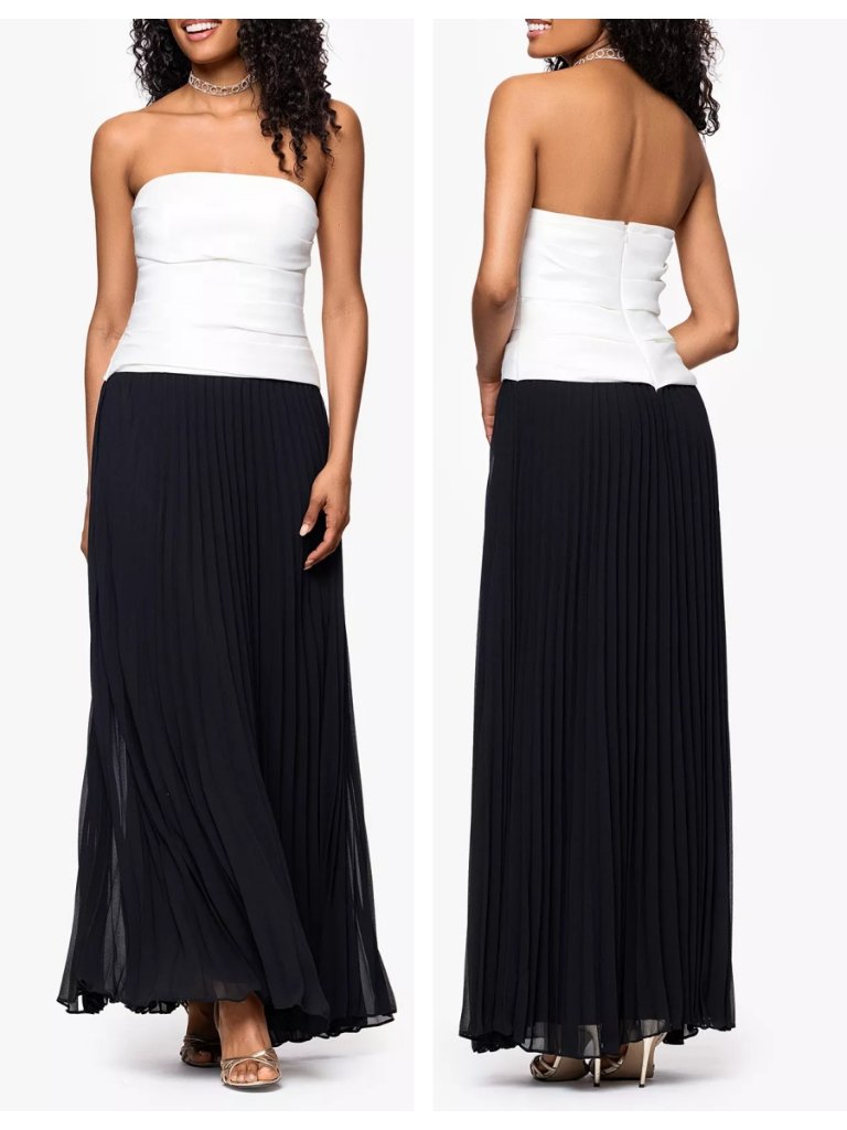 Betsy & Adam Strapless Mixed-Media Pleated Dress